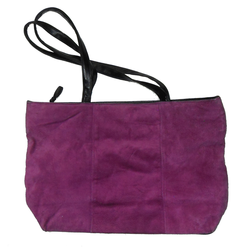 Retro Purple Suede Tote Bag Purple suede tote bag with black leather detail