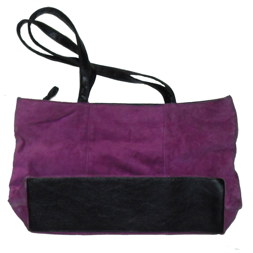 Retro Purple Suede Tote Bag Purple suede tote bag with black leather detail