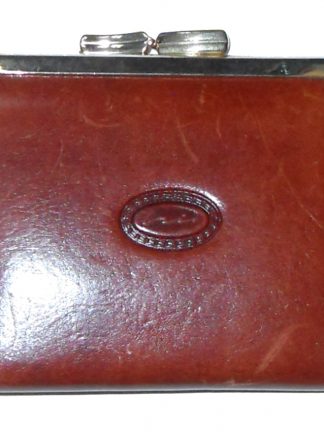 Brown leather coin purse with gold tone frmae and clasp and fabric lined interior