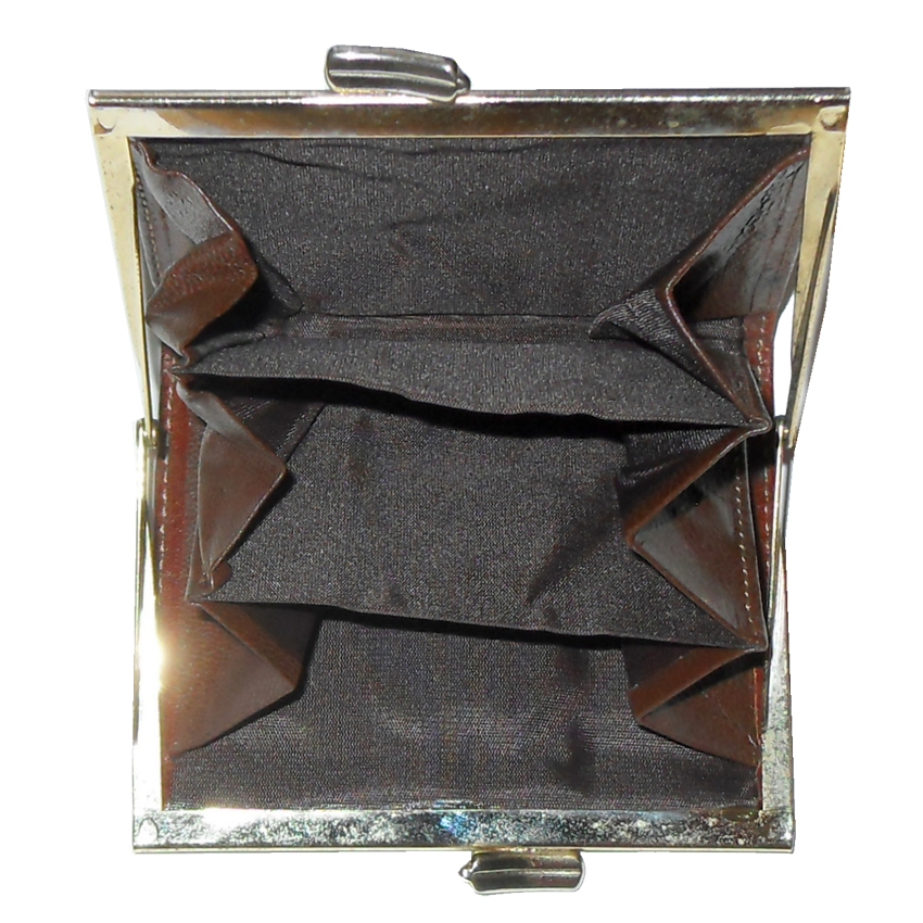 Brown leather coin purse with gold tone frmae and clasp and fabric lined interior