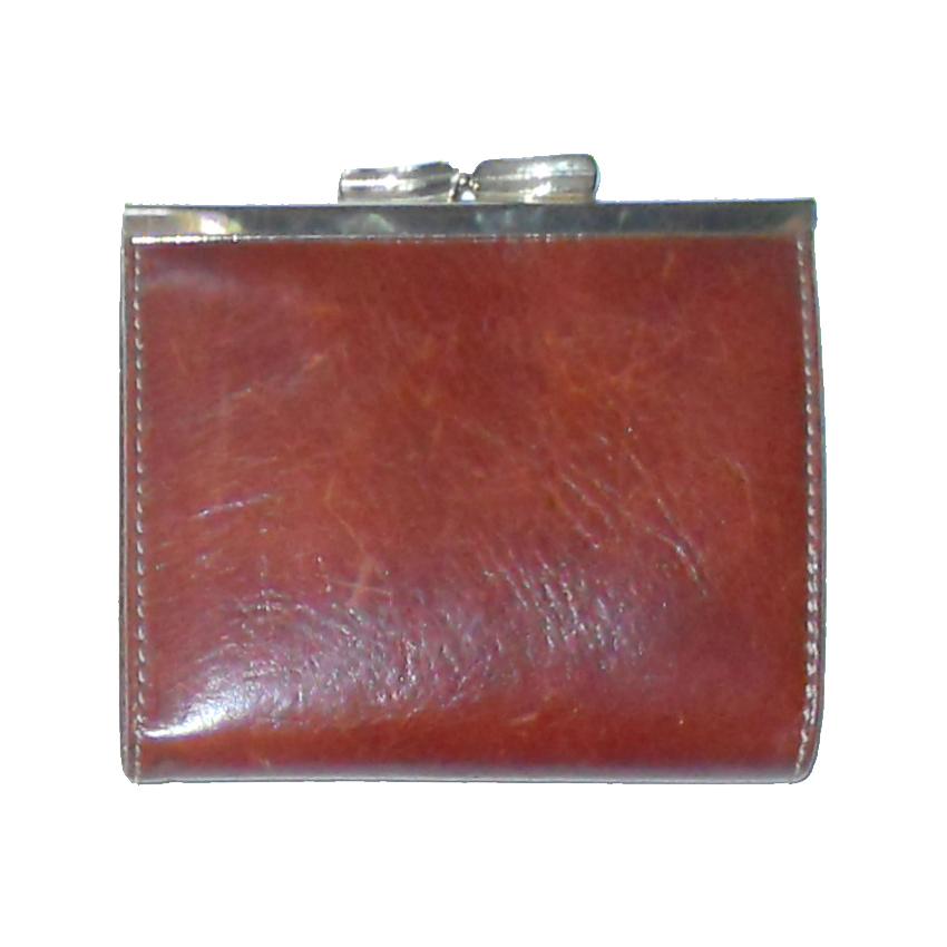Brown leather coin purse with gold tone frmae and clasp and fabric lined interior