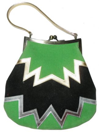 Retro handbag with a zig zag design in green black gold and silver