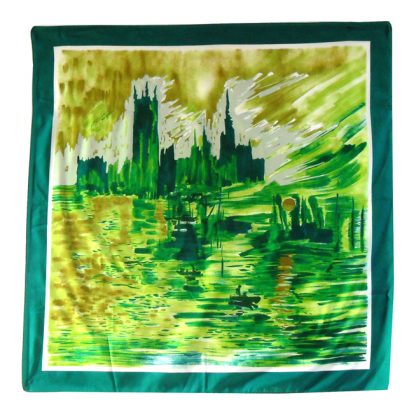 Green scarf with pictorial design of people in boats