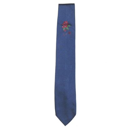 Kenzo blue silk tie with an embroidered flower design and signature of the designer