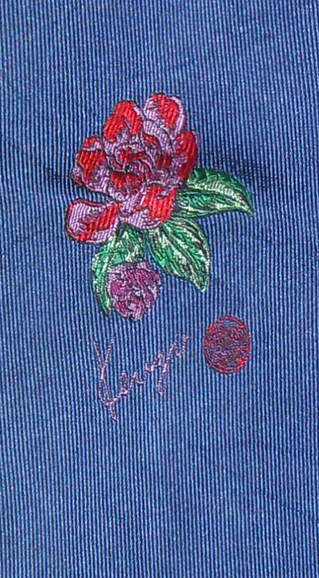 Kenzo blue silk tie with an embroidered flower design and signature of the designer