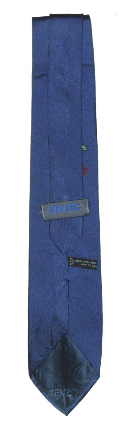 Kenzo blue silk tie with an embroidered flower design and signature of the designer