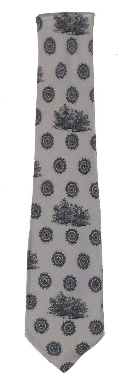 Grey silk tie with a design of men with clubs by Bielle Italy
