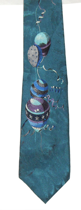 Vintage Liberty silk tie with a design of balloons on a textured blue silk background