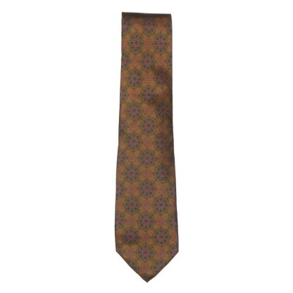 Made in Italy silk tie with a gold background and a design in bright pink and grey