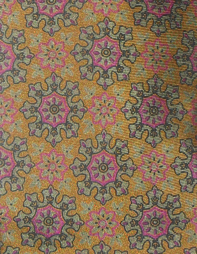 Made in Italy silk tie with a gold background and a design in bright pink and grey