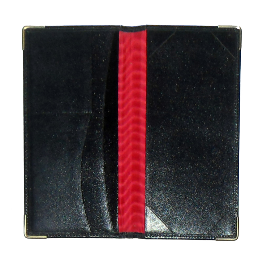 Red moiré lined black leather wallet