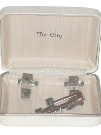 Tie City cufflinks and tiepin in silvertone metal with clear stones