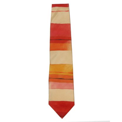 Hand painted silk tie in shades of orange in horizontal stripes