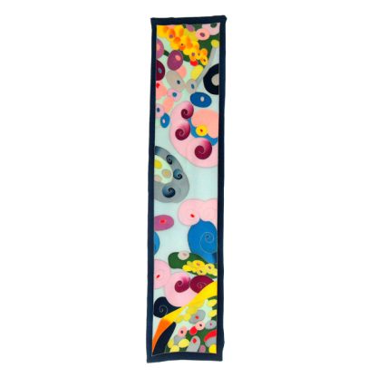 Vibrant pop art design long silk scarf with a teal border