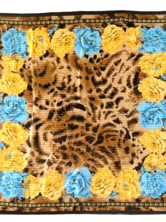 Animal print textured silk scarf with a blue and yellow flower design