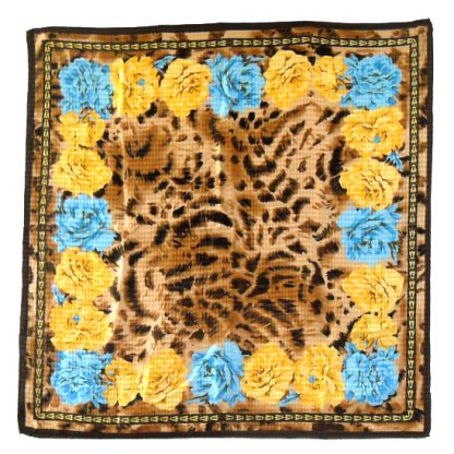 Animal print textured silk scarf with a blue and yellow flower design