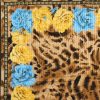 Animal print textured silk scarf with a blue and yellow flower design