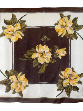 Vintage silk scarf with a design of yellow and orange roses on a brown and cream background