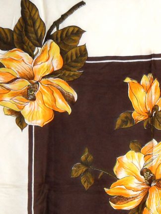 Vintage silk scarf with a design of yellow and orange roses on a brown and cream background