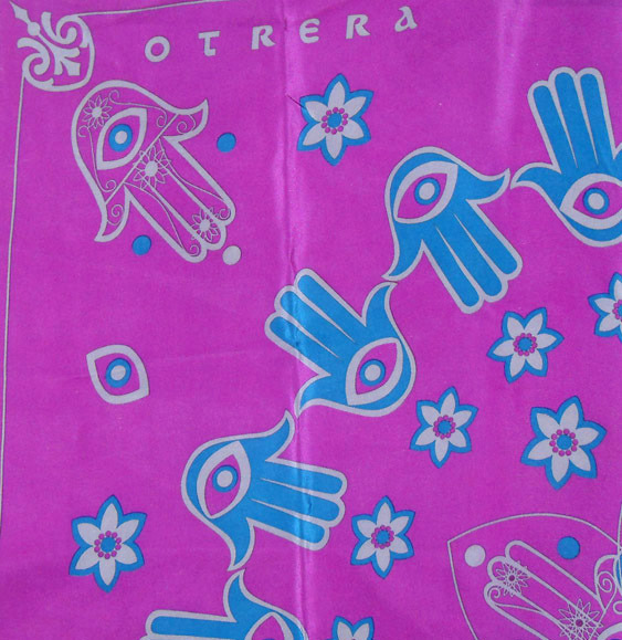 Otrera large silk scarf with a purple background and a design in blue and silver grey