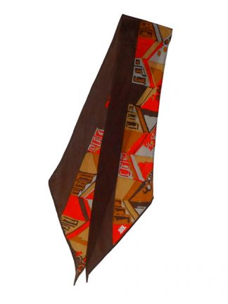 Long Lberty of London silk scarf with a brown border and abstract design in red, mustard and grey