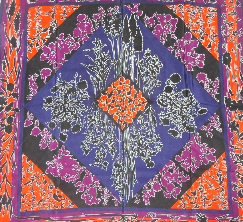 Lanvin silk scarf with a vibrant orange, purple, blue and black design