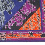 Lanvin silk scarf with a vibrant orange, purple, blue and black design