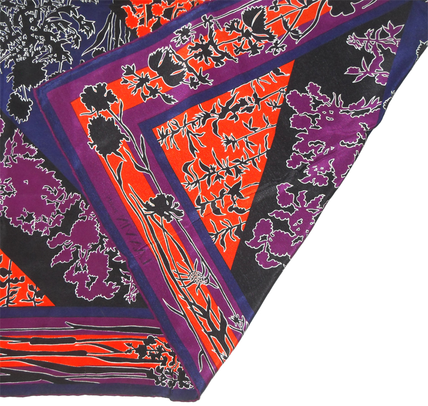 Lanvin silk scarf with a vibrant orange, purple, blue and black design
