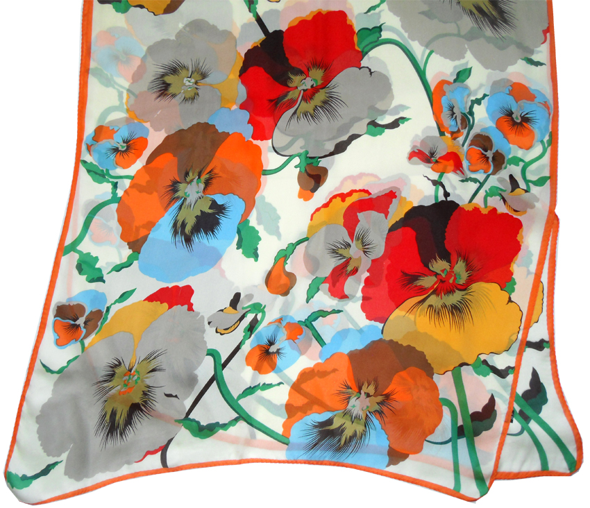Large silk scarf with a vibrant floral design