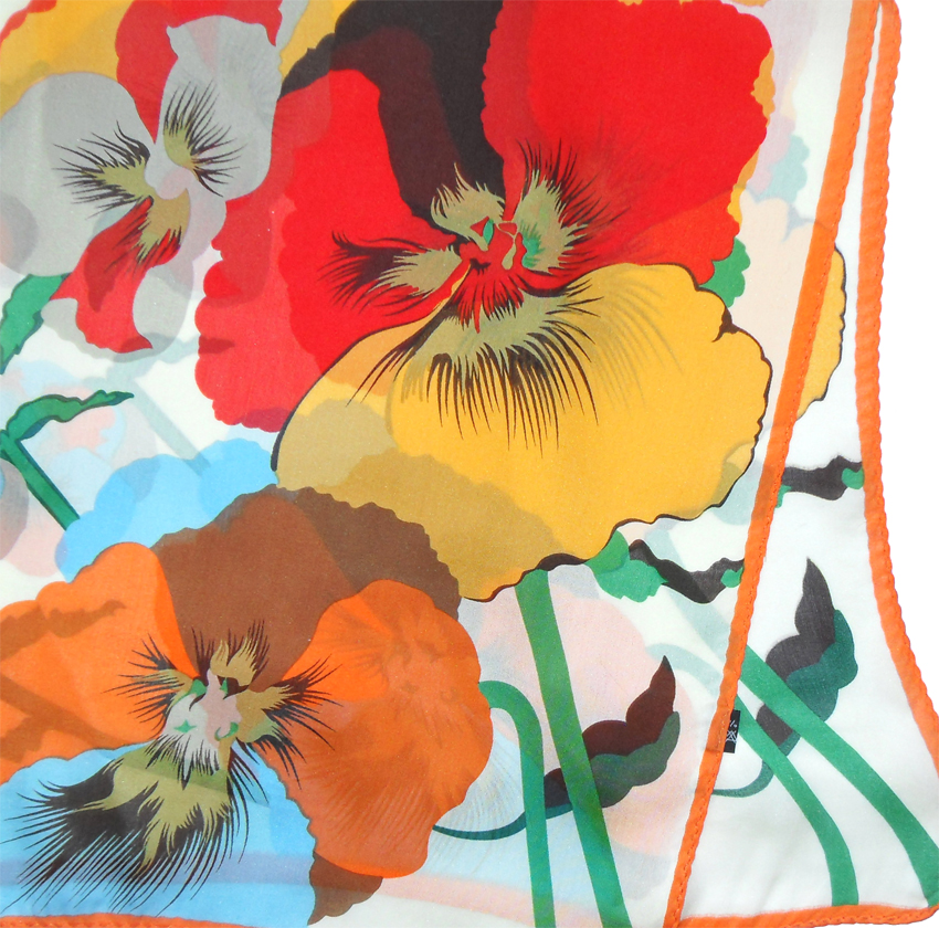Large silk scarf with a vibrant floral design