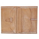 Light tan coloured tooled leather wallet with saddle stitch detail