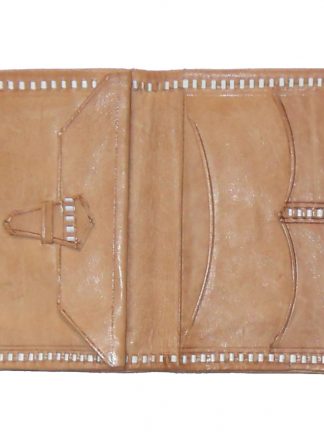 Light tan coloured tooled leather wallet with saddle stitch detail