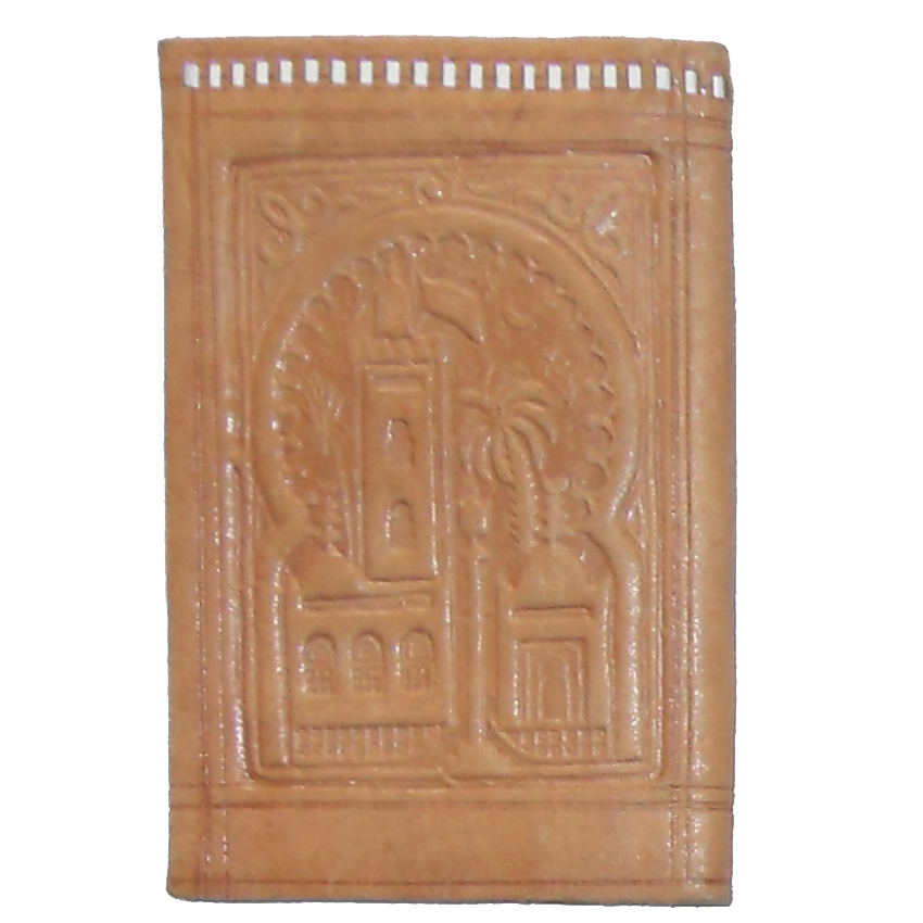 Light tan coloured tooled leather wallet with saddle stitch detail