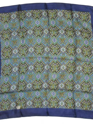 Liberty silk scarf with a blue border and a patterned central design