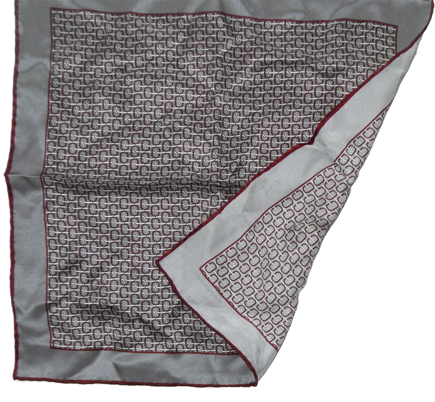Ermenegildo Zegna silver grey and maroon silk pocket square