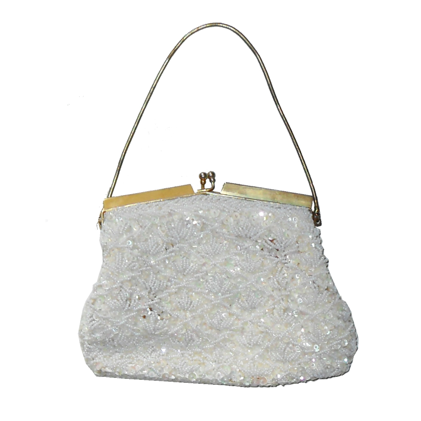 Vintage Framed Evening Bag Cream and white bead and sequin framed evening bag