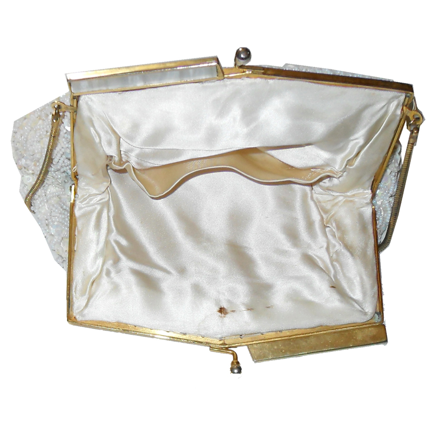Vintage Framed Evening Bag Cream and white bead and sequin framed evening bag
