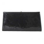 Black patent clutch bag with gold tone frame and clasp