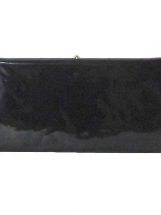 Black patent clutch bag with gold tone frame and clasp