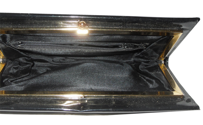 Black patent clutch bag with gold tone frame and clasp