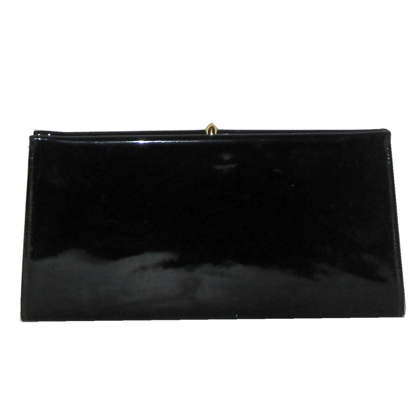 Black patent clutch bag with gold tone frame and clasp