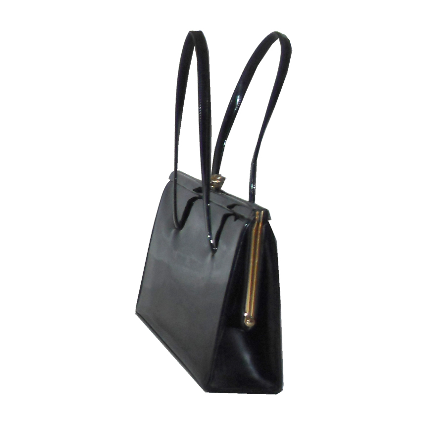 Alligator made in England framed black patent leather handbag