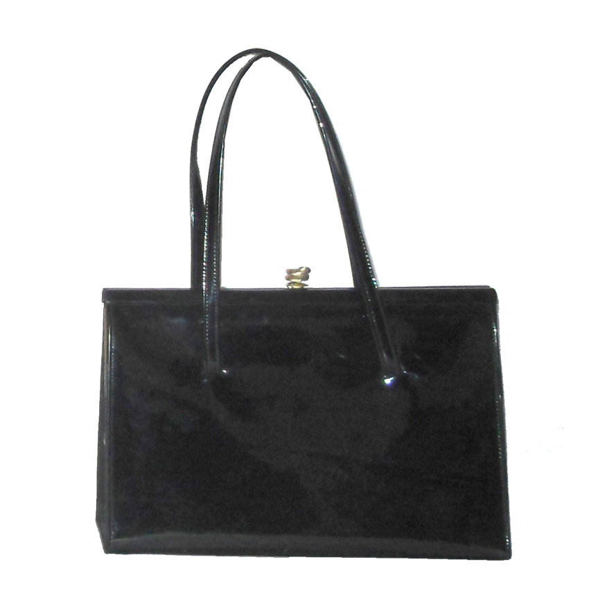 Alligator made in England framed black patent leather handbag