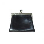Black leather coin purse with gold tone frame and red fabric lining