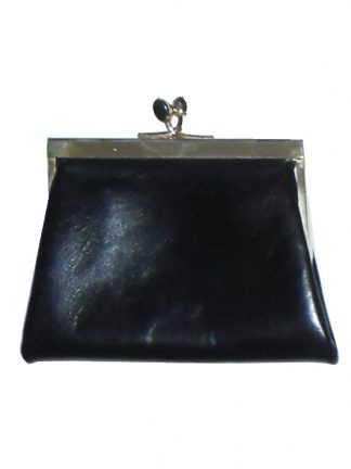 Black leather coin purse with gold tone frame and red fabric lining