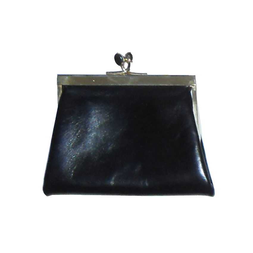 Black leather coin purse with gold tone frame and red fabric lining