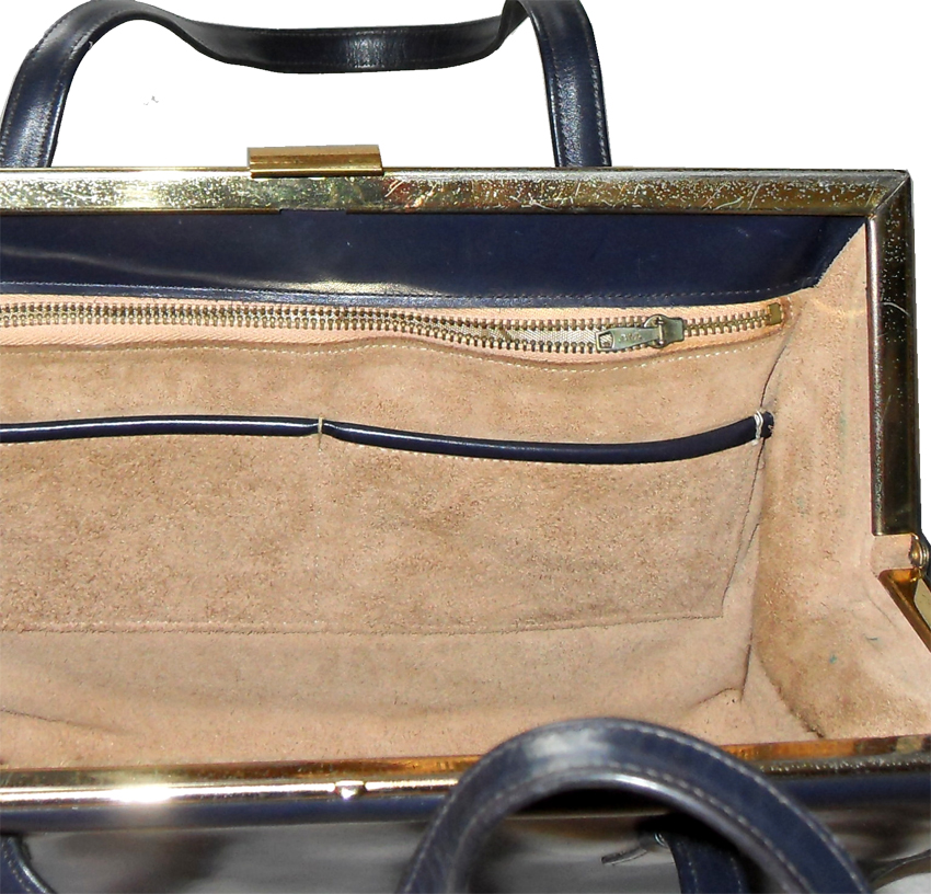 Large navy blue framed handbag