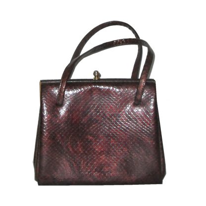Burgundy faux snakeskin Elbief framed handbag with suede lining