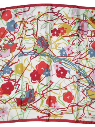 Longchamp silk scarf with a design of handbags and flowers
