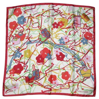 Longchamp silk scarf with a design of handbags and flowers